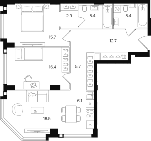 Планировка: Евротрёшка 88,8 м² в ЖК «АУРА»