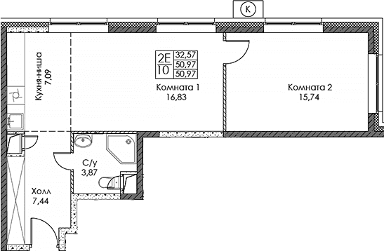 Планировка: Евродвушка 51 м² в ЖК «ЭВОПАРК Сокольники»