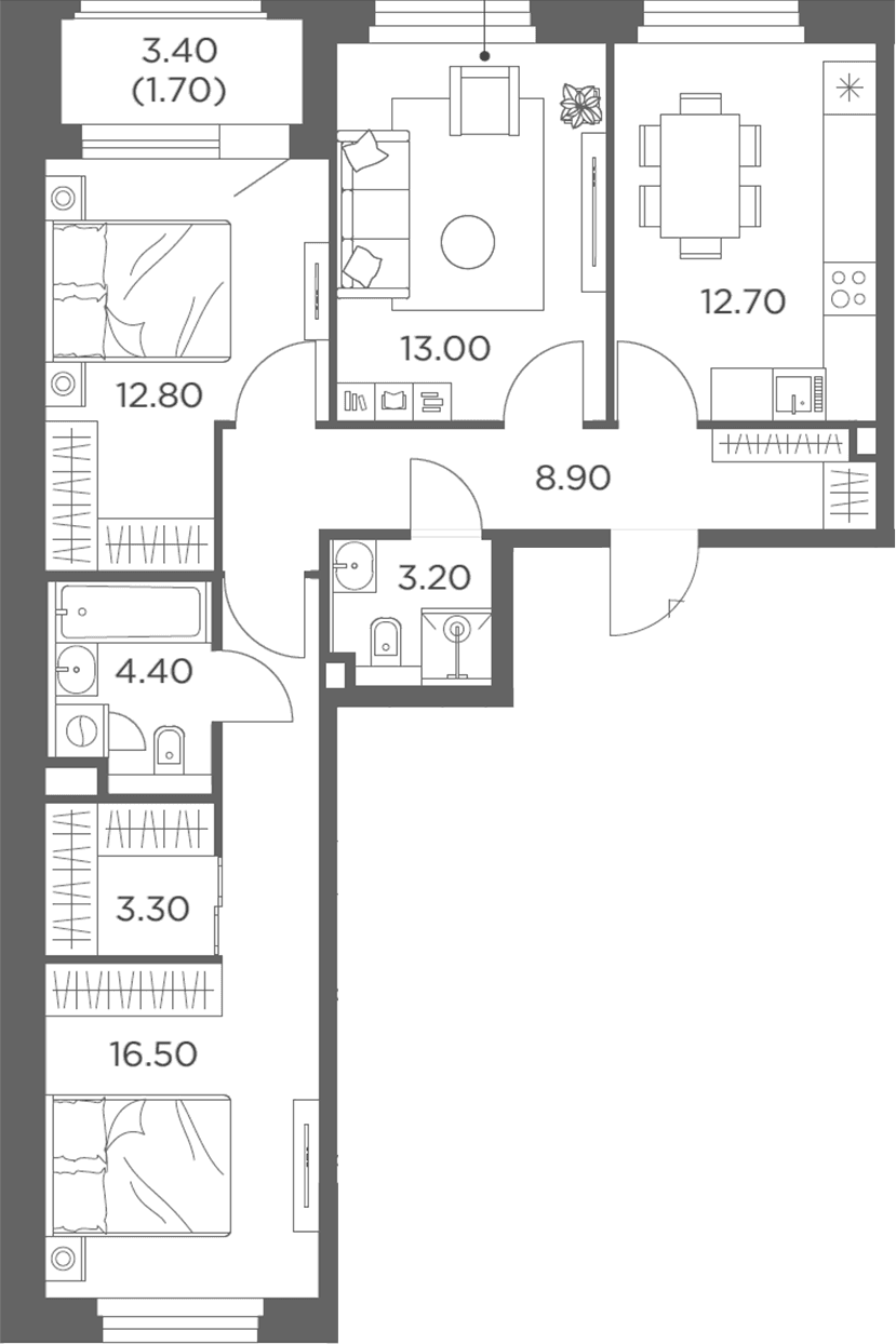 Планировка: 3-комнатная квартира 74,9 м² в ЖК «Белый Град»