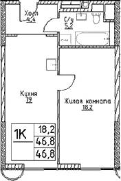 Планировка: 1-комнатная квартира 46,8 м² в ЖК «Наметкин Тауэр»