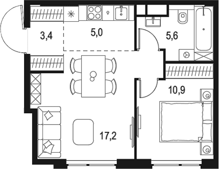 Планировка: Евродвушка 42,1 м² в ЖК «Левел Мичуринский»