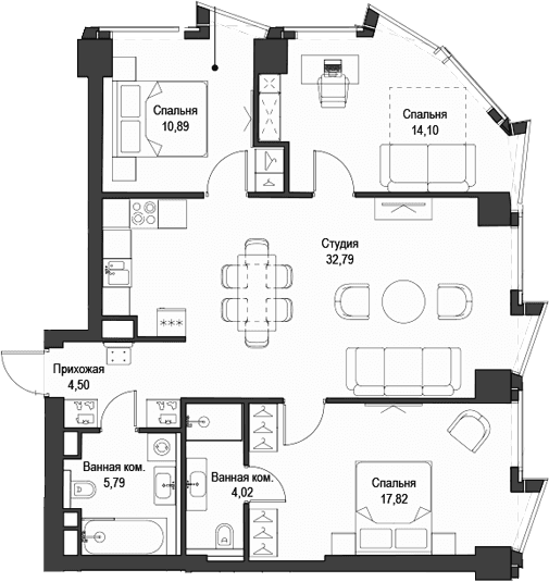 Планировка: Квартира евро-4 89,9 м² в ЖК «Феймос»