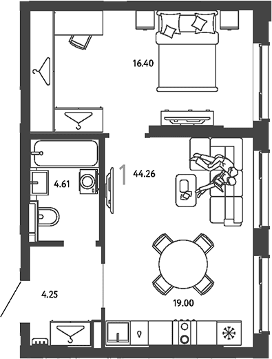 Планировка: 1-комнатная квартира 44,3 м² в ЖК «Страна.Парковая»