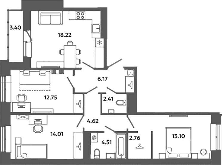 Планировка: Квартира евро-4 78,6 м² в ЖК «Загляденье»