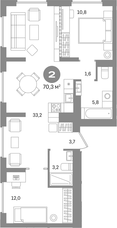 Планировка: 2-комнатная квартира 70,3 м² в ЖК «Первый квартал. Вторая очередь»