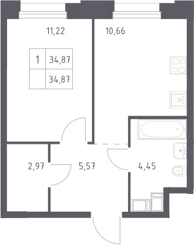 Планировка: 1-комнатная квартира 34,9 м² в ЖК «Тропарево Парк»