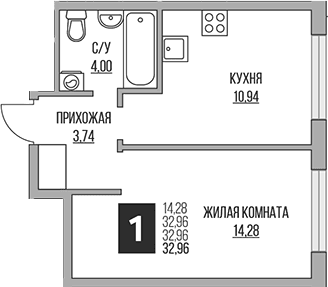 Планировка: Евродвушка 33 м² в ЖК «Гранель Притяжение Сити»
