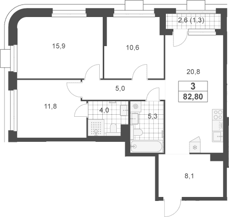 Планировка: Квартира евро-4 81,5 м² в ЖК «Южные сады»
