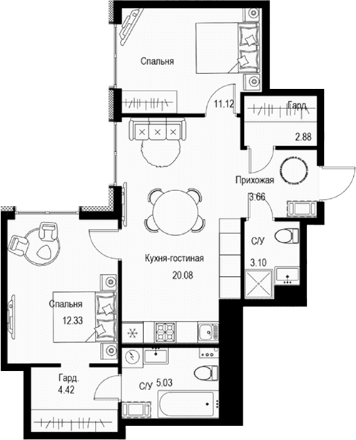Планировка: Евротрёшка 62,6 м² в ЖК «ID Petrogradskaya»
