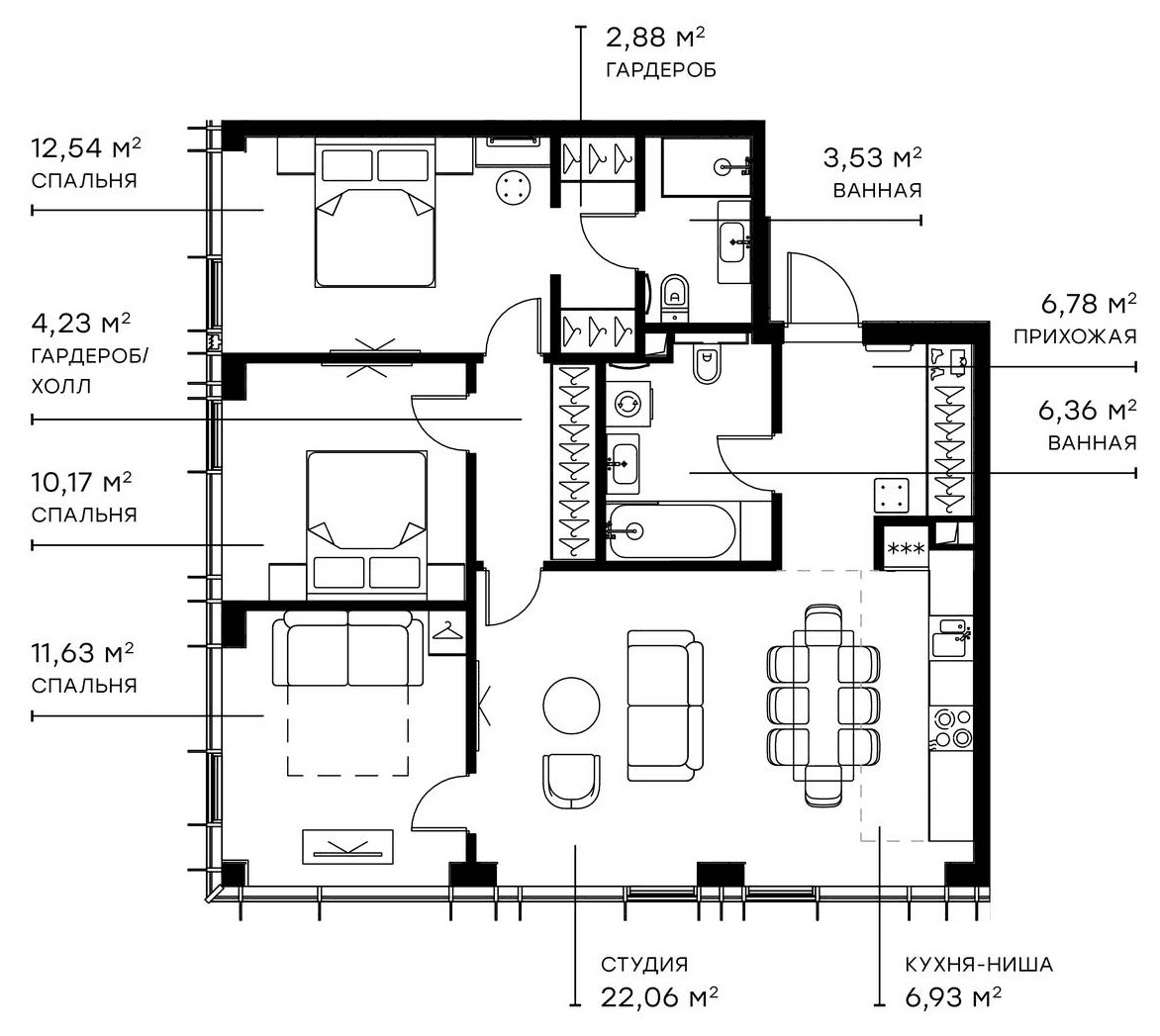 Планировка: Квартира евро-4 86,1 м² в ЖК «Симфония 34»