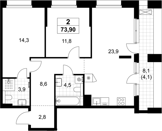 Планировка: Евротрёшка 69,8 м² в ЖК «Хольм»