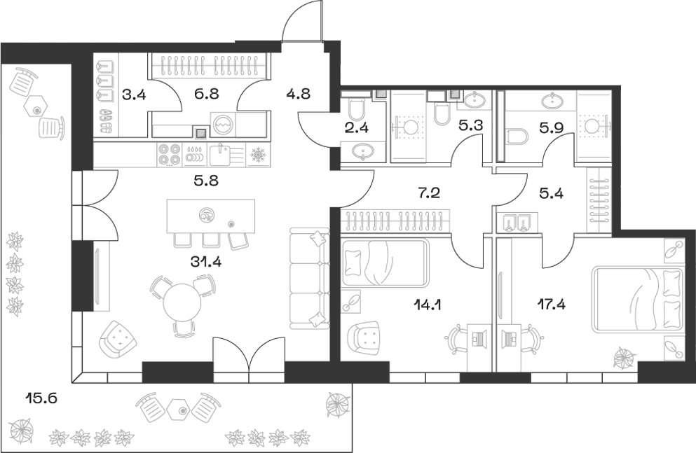Планировка: Евротрёшка 109,9 м² в ЖК «SHIFT»