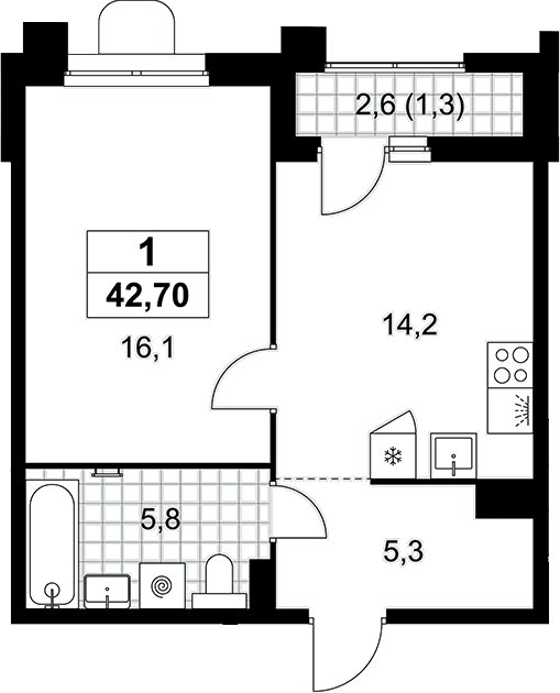Планировка: 1-комнатная квартира 41,4 м² в ЖК «Прокшино»