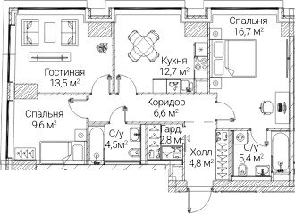 3-комнатная квартира
