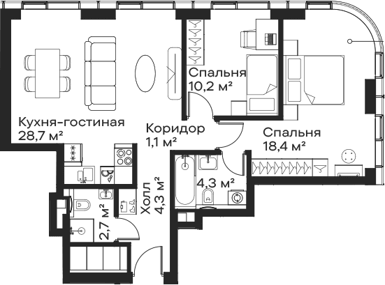 Планировка: Евротрёшка 69,7 м² в ЖК «Сити Бэй»