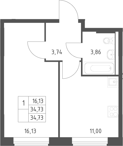 Планировка: 1-комнатная квартира 34,7 м² в ЖК «Большое Юрлово»