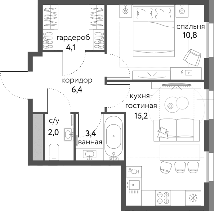 Планировка: Евродвушка 41,9 м² в ЖК «Сиреневый парк»