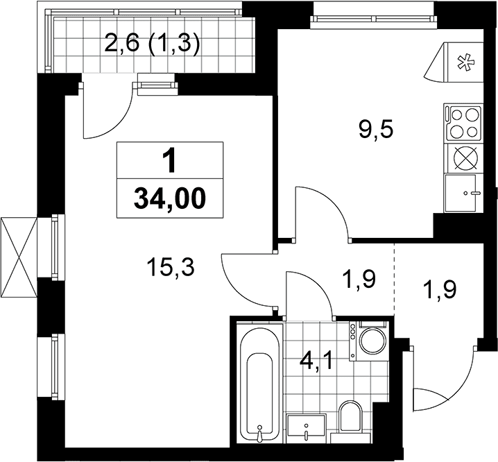 Планировка: 1-комнатная квартира 32,7 м² в ЖК «Прокшино»