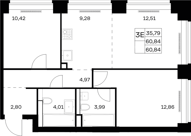 Планировка: Евротрёшка 60,8 м² в ЖК «НОВА»