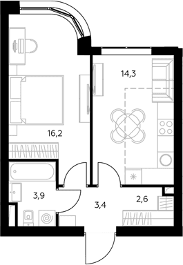 Планировка: 1-комнатная квартира 41 м² в ЖК «Адмирал»