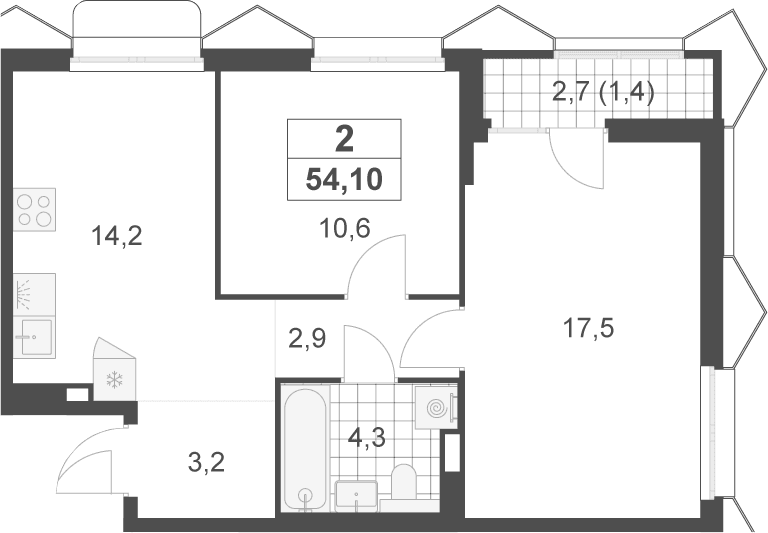 Планировка: 2-комнатная квартира 52,7 м² в ЖК «Деснаречье»