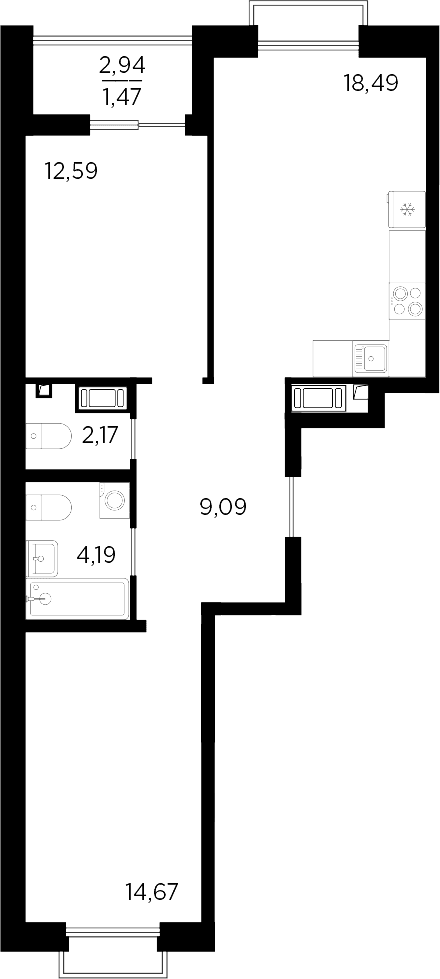 Планировка: Евротрёшка 61,2 м² в ЖК «Респект»