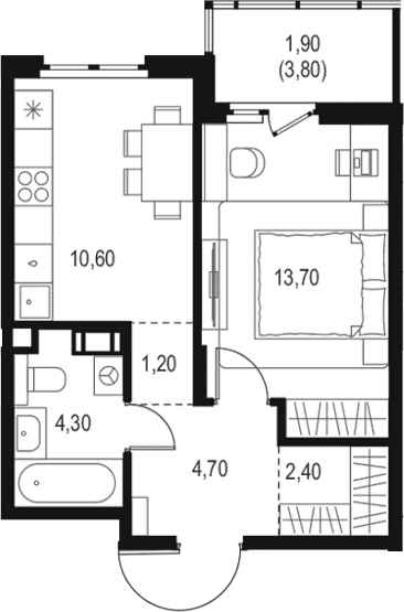 Планировка: 1-комнатная квартира 36,9 м² в ЖК «Левел Мечникова»