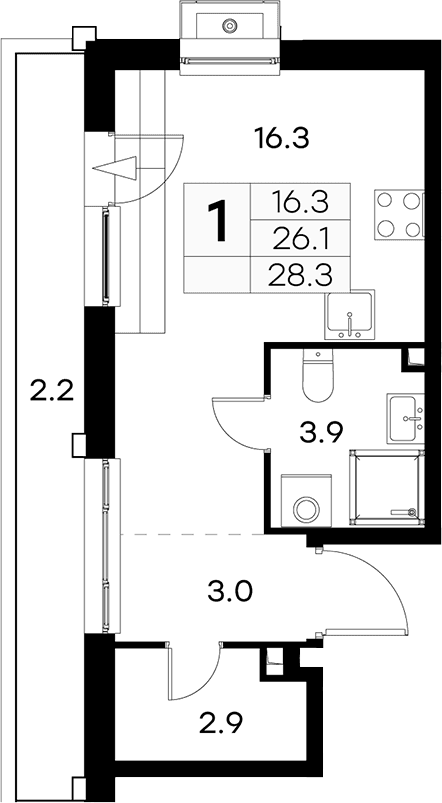 Планировка: Студия 26,1 м² в ЖК «Куркино 15»