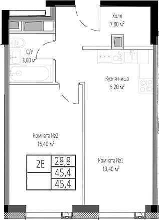 Планировка: Евродвушка 45,4 м² в ЖК «Мираполис»