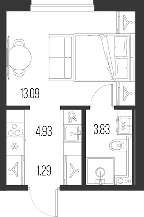 Планировка: Студия 23,1 м² в ЖК «Новая земля»