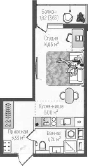 Планировка: Студия 29,6 м² в ЖК «Рига Хиллс»