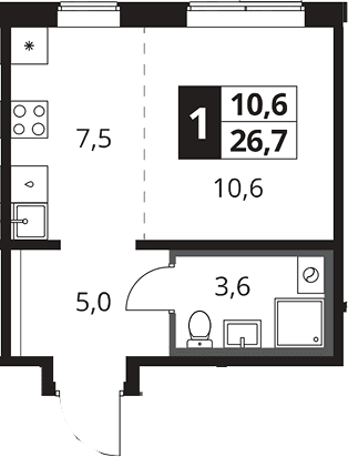 Планировка: Студия 26,7 м² в ЖК «1-й Южный»