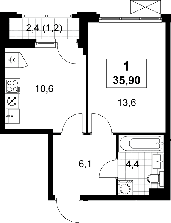 Планировка: 1-комнатная квартира 34,7 м² в ЖК «Прокшино»