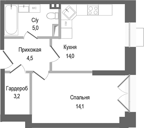 Планировка: 1-комнатная квартира 40,8 м² в ЖК «Киноквартал»