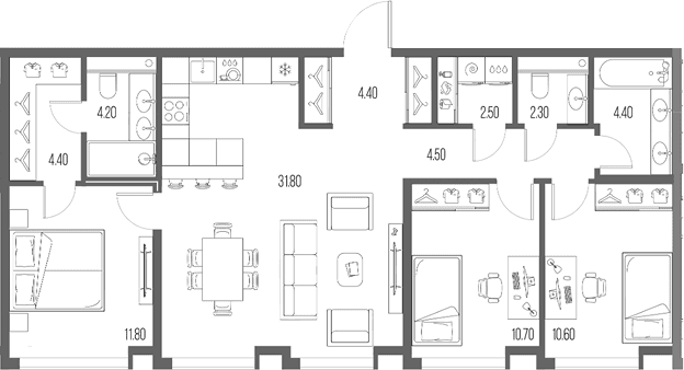 Планировка: 3-комнатная квартира 91,6 м² в ЖК «Северный Порт»