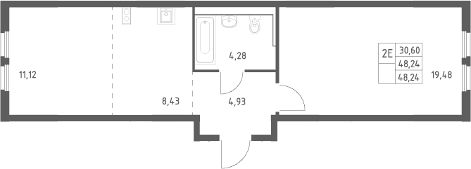 Планировка: Евродвушка 48,2 м² в ЖК «Пригород Лесное»