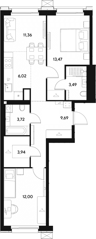 Планировка: Евротрёшка 63,7 м² в ЖК «ЭВО»