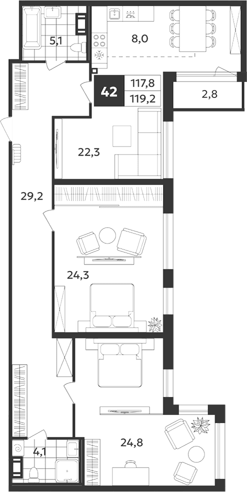 Планировка: Евротрёшка 117,8 м² в ЖК «Дом на Бронницкой»