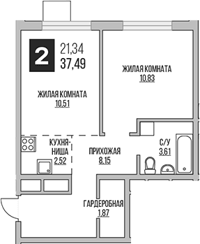Планировка: Евродвушка 37,5 м² в ЖК «Гранель Аникеевский»