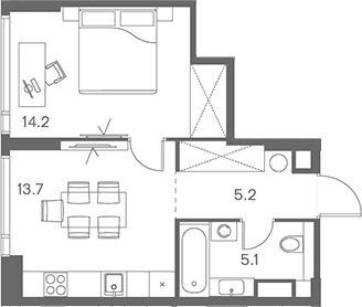 Планировка: 1-комнатная квартира 38,2 м² в ЖК «ЛОТ от Аквилон»
