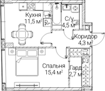 Планировка: 1-комнатная квартира 38,4 м² в ЖК «СЕЗАР БУДУЩЕЕ»
