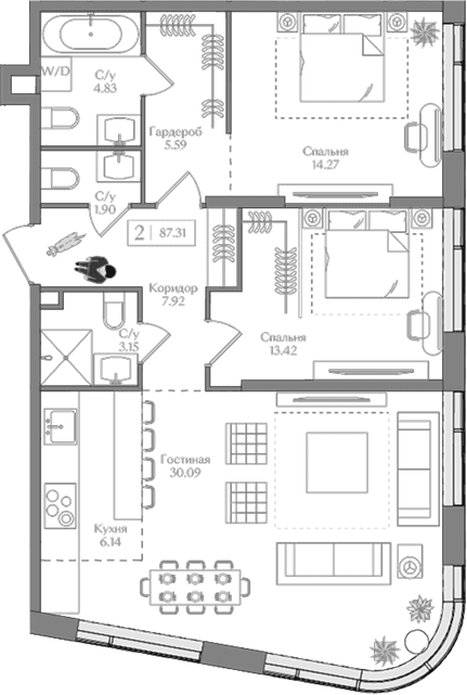 Планировка: Евротрёшка 87,3 м² в ЖК «Преображенская площадь»