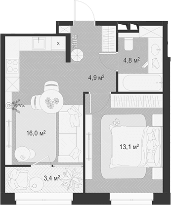 Планировка: Евродвушка 38,8 м² в ЖК «Гранд Комфорт 3»