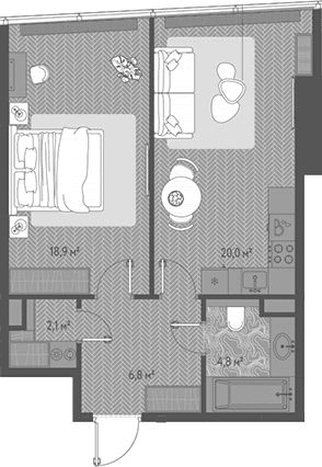 Планировка: Евродвушка 52,6 м² в ЖК «ОНЕ»