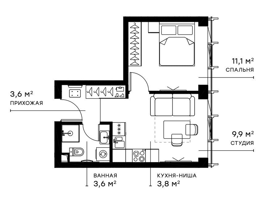 Планировка: Евродвушка 31,9 м² в ЖК «Симфония 34»