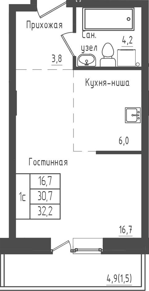 Планировка: Студия 30,7 м² в ЖК «Зеленый город»