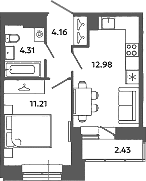 Планировка: 1-комнатная квартира 32,7 м² в ЖК «Загляденье»