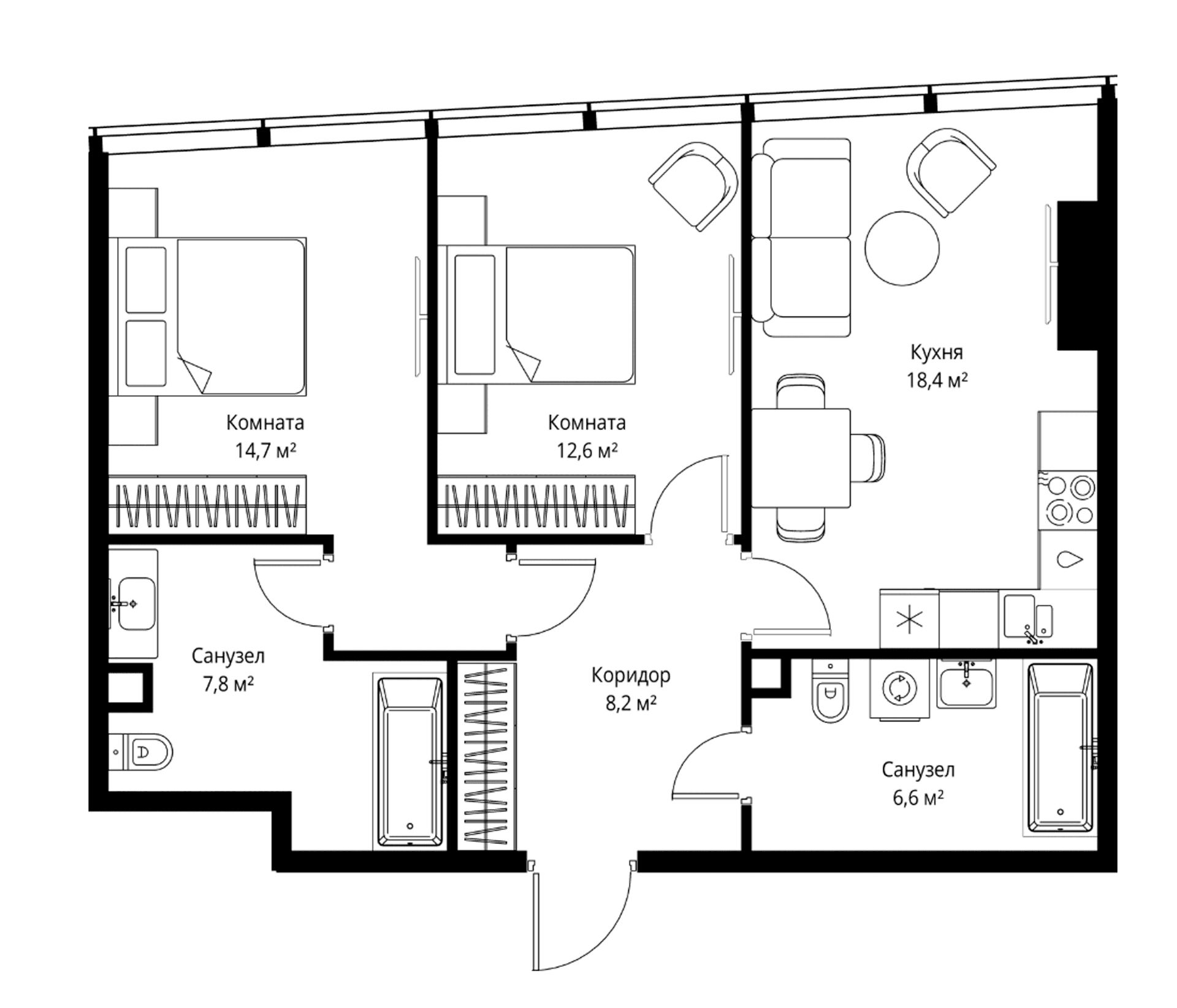 Планировка: Евротрёшка 68,3 м² в ЖК «ОНЕ»