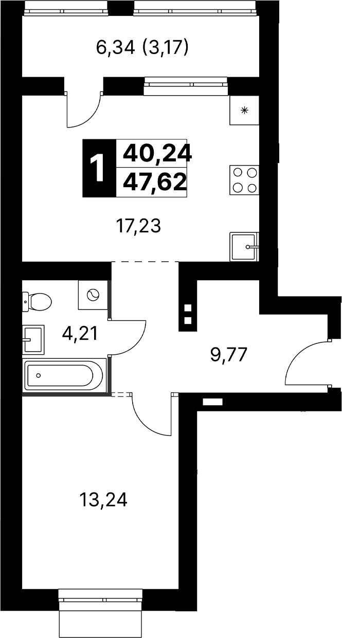 Планировка: 1-комнатная квартира 44,5 м² в ЖК «Апрелевка Клаб»