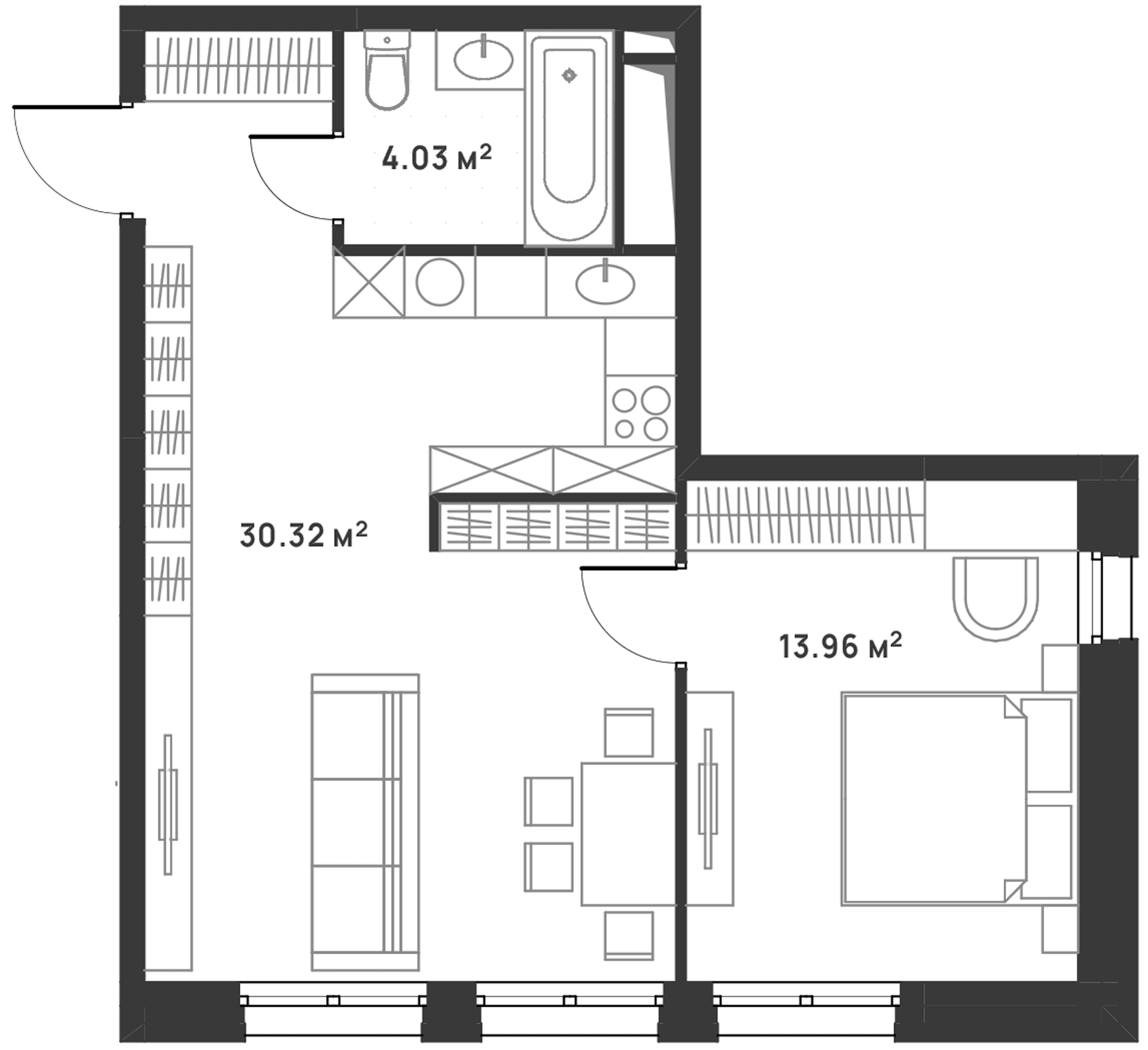 Планировка: Евродвушка 48,3 м² в ЖК «Дюна»